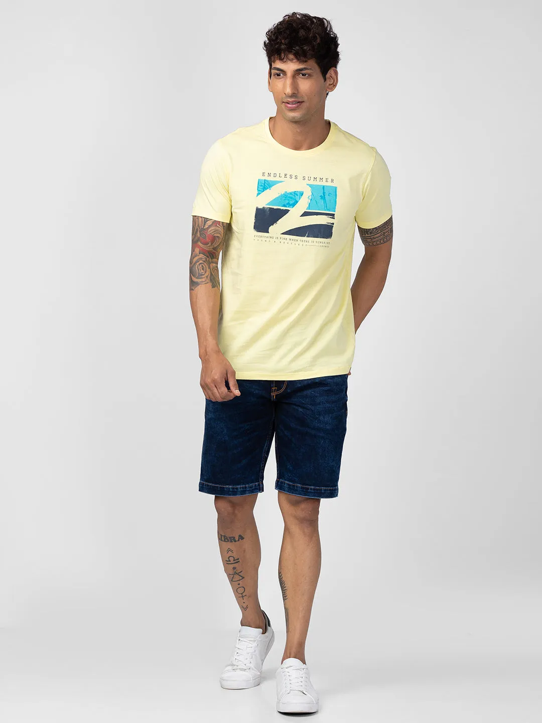 Spykar Men Powder Yellow Cotton Regular Fit Half Sleeve Printed T-Shirt