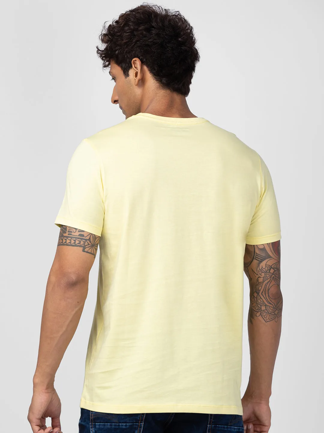 Spykar Men Powder Yellow Cotton Regular Fit Half Sleeve Printed T-Shirt