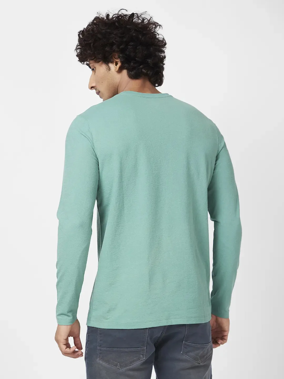 Spykar Men Sage Green Blended Slim Fit Full Sleeve Round Neck Casual Plain Tshirt