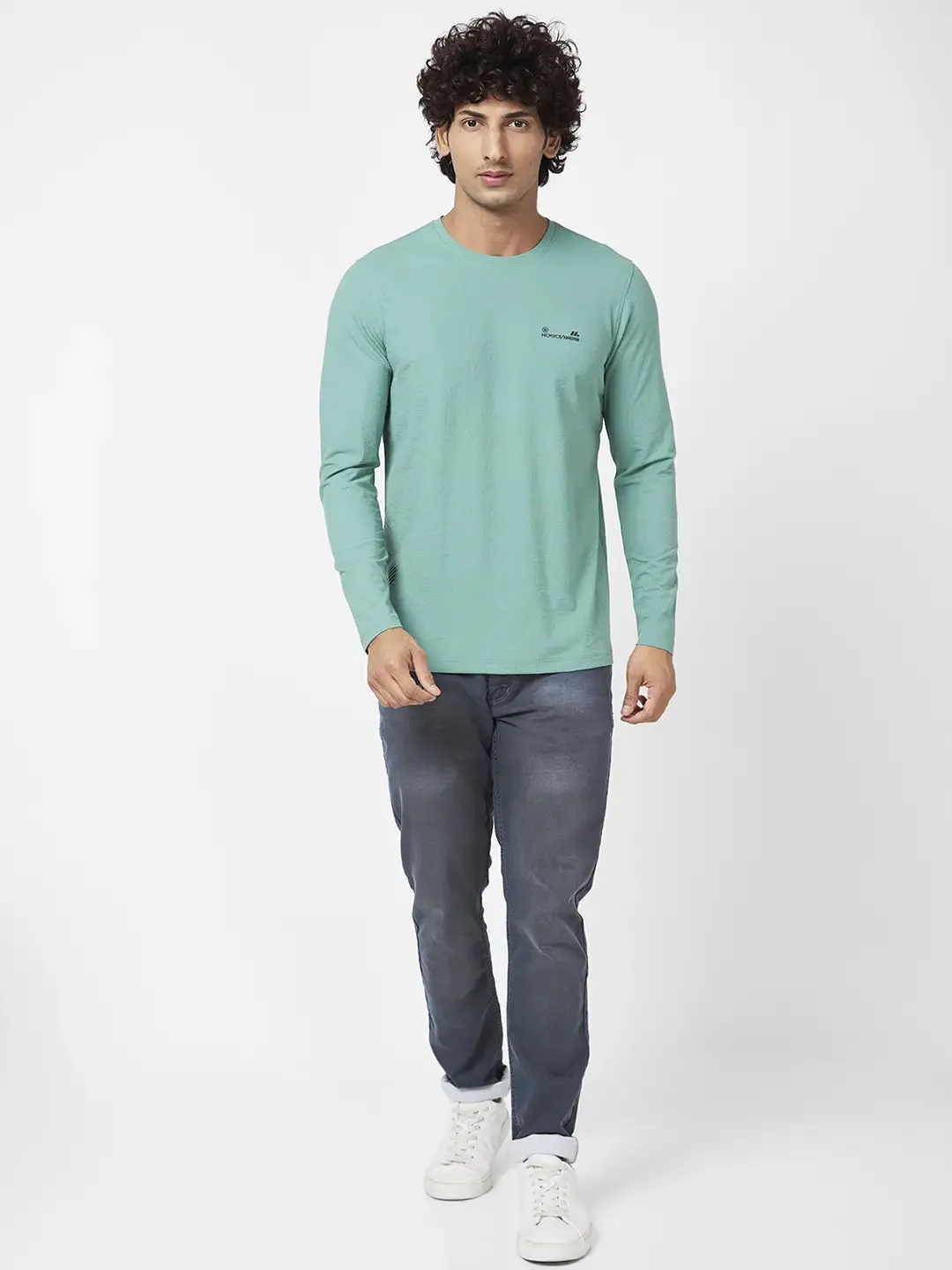 Spykar Men Sage Green Blended Slim Fit Full Sleeve Round Neck Casual Plain Tshirt