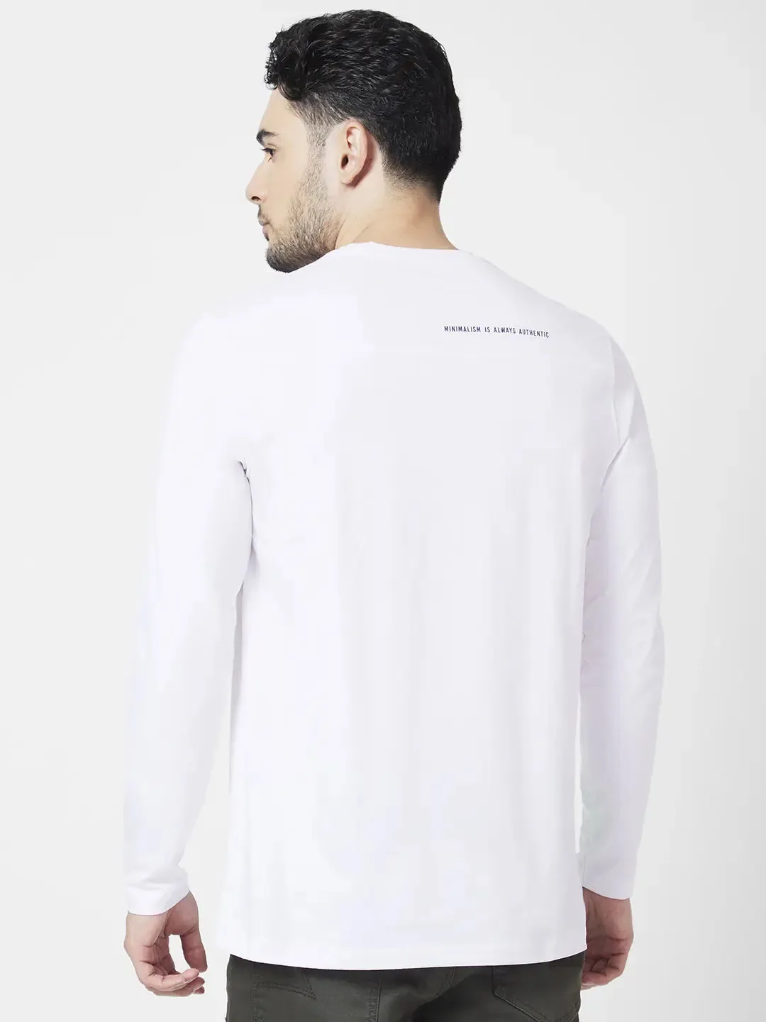 Spykar Men White Blended Slim Fit Full Sleeve Round Neck Plain Tshirt