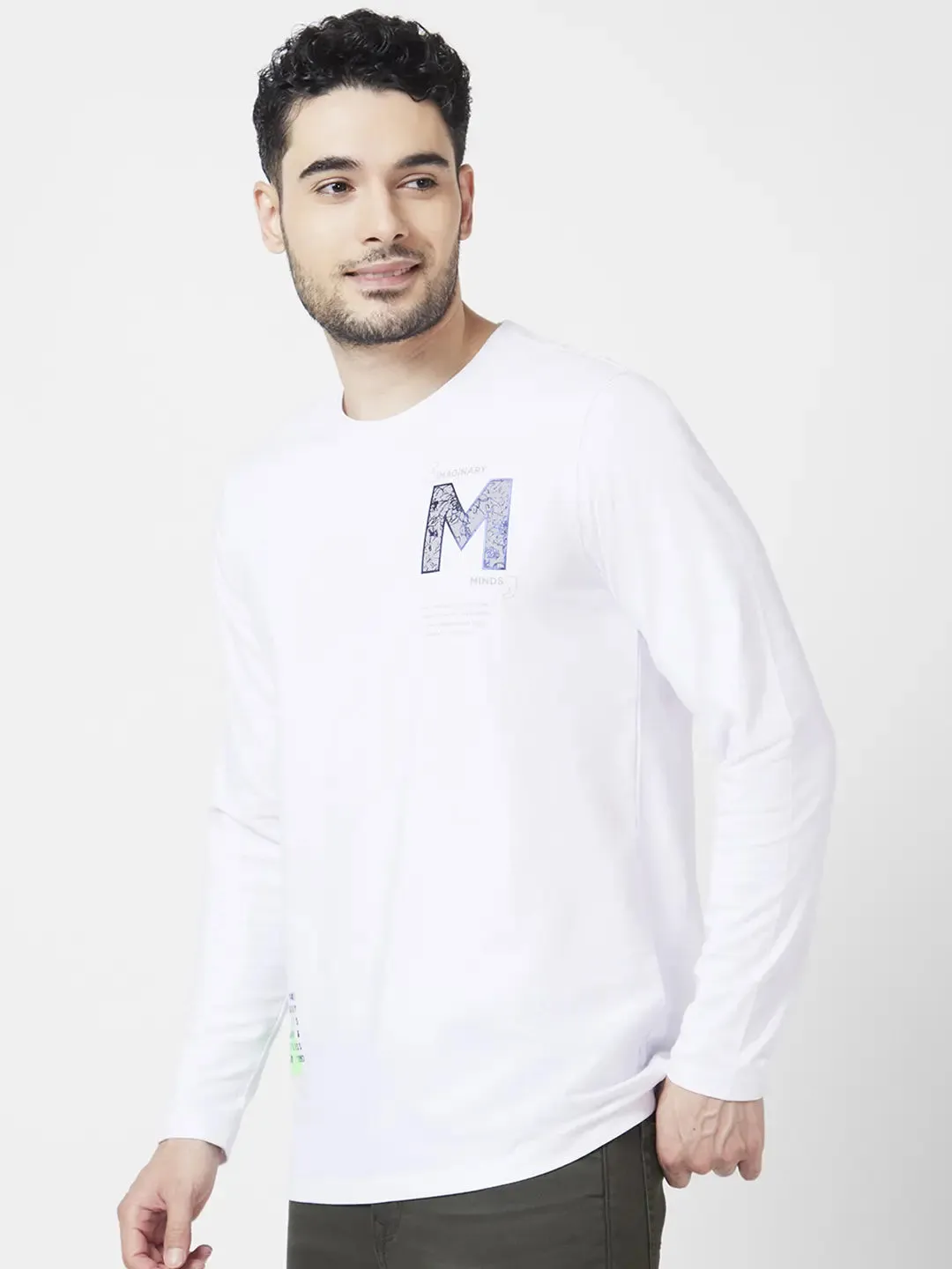 Spykar Men White Blended Slim Fit Full Sleeve Round Neck Plain Tshirt