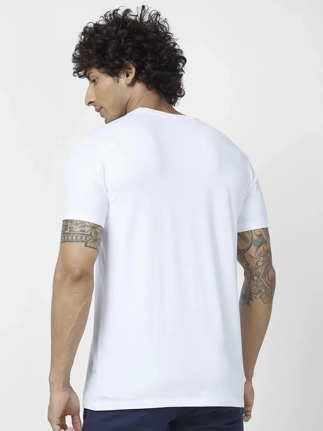 Spykar Men White Blended Slim Fit Half Sleeve Round Neck Printed Tshirt