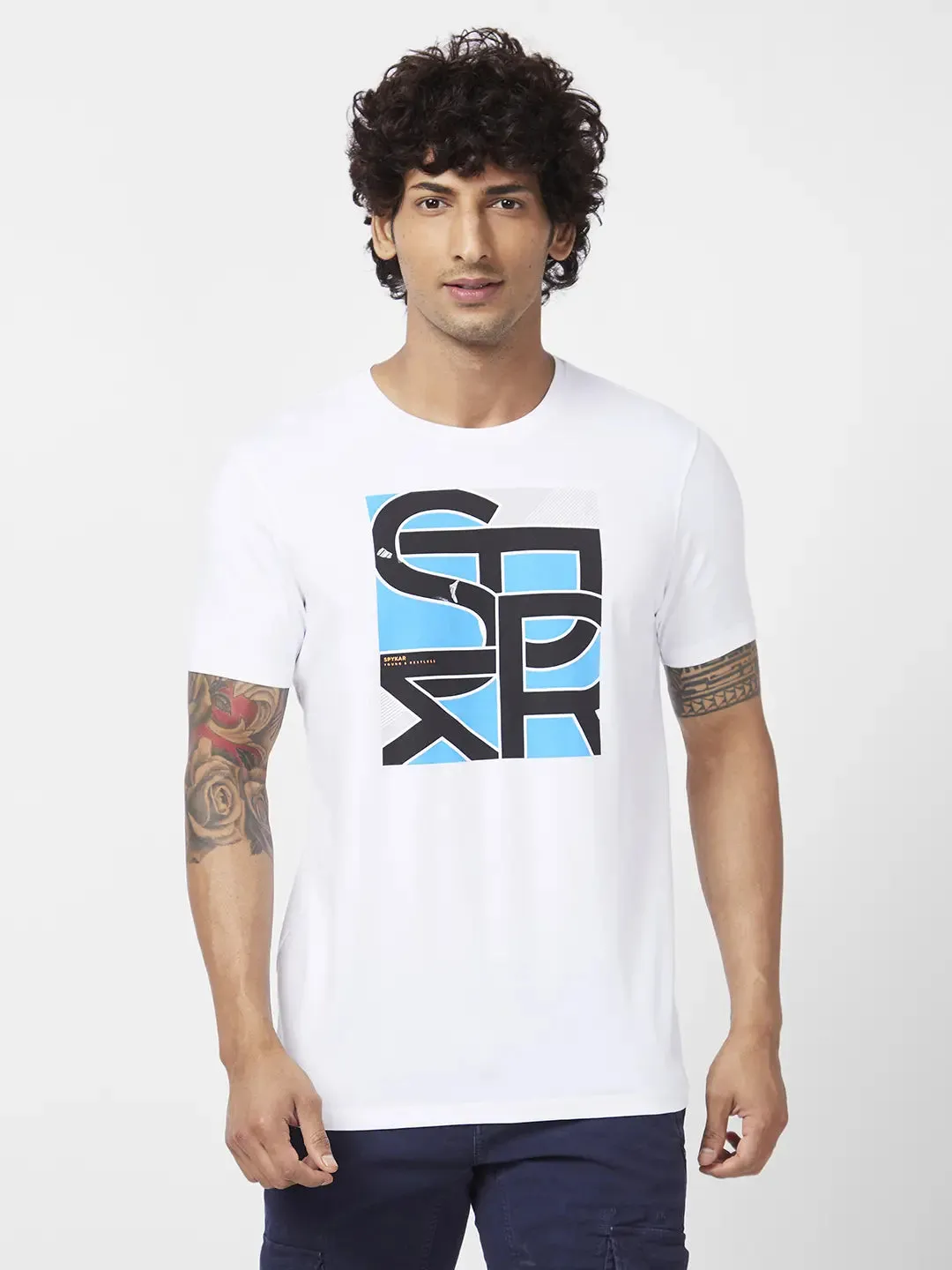 Spykar Men White Blended Slim Fit Half Sleeve Round Neck Printed Tshirt