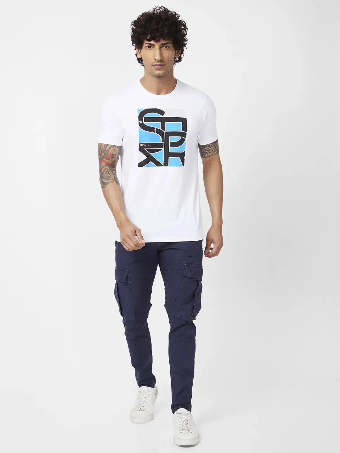 Spykar Men White Blended Slim Fit Half Sleeve Round Neck Printed Tshirt