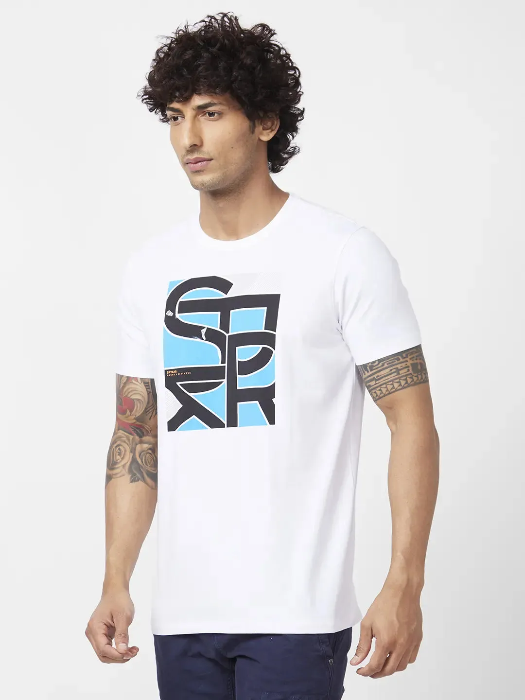 Spykar Men White Blended Slim Fit Half Sleeve Round Neck Printed Tshirt