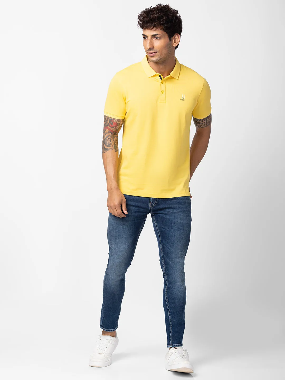 Spykar Men Yellow Cotton Regular Fit Half Sleeve Plain Polo T-Shirt