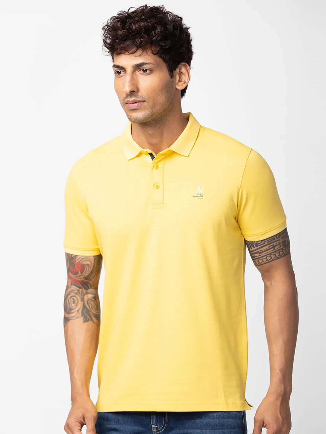 Spykar Men Yellow Cotton Regular Fit Half Sleeve Plain Polo T-Shirt