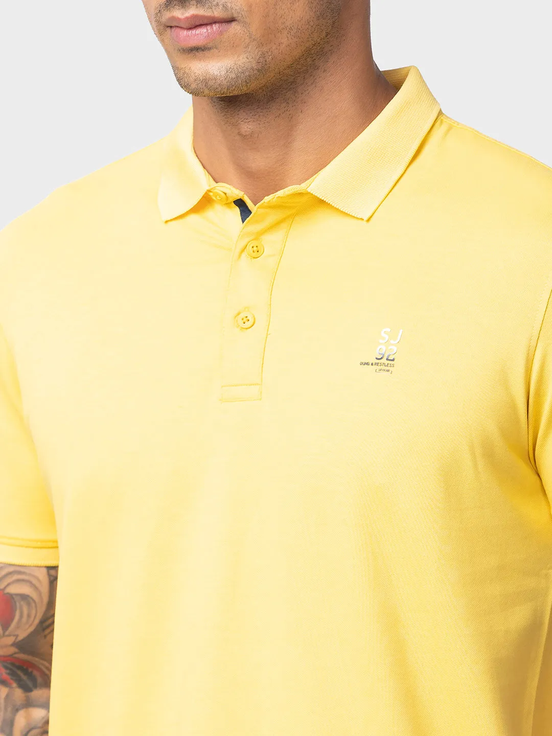 Spykar Men Yellow Cotton Regular Fit Half Sleeve Plain Polo T-Shirt