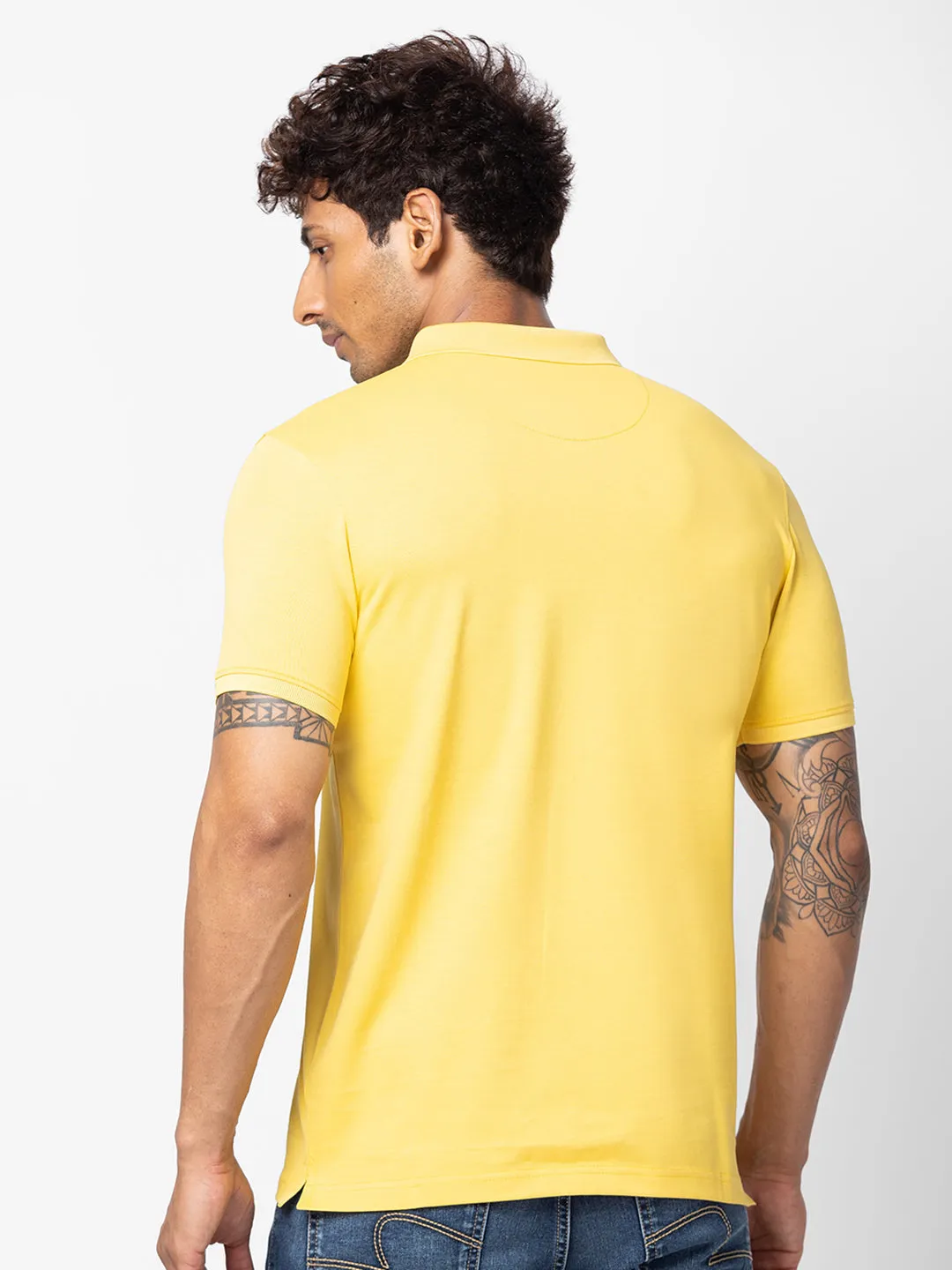 Spykar Men Yellow Cotton Regular Fit Half Sleeve Plain Polo T-Shirt