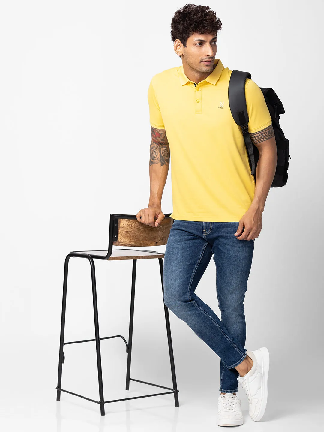 Spykar Men Yellow Cotton Regular Fit Half Sleeve Plain Polo T-Shirt