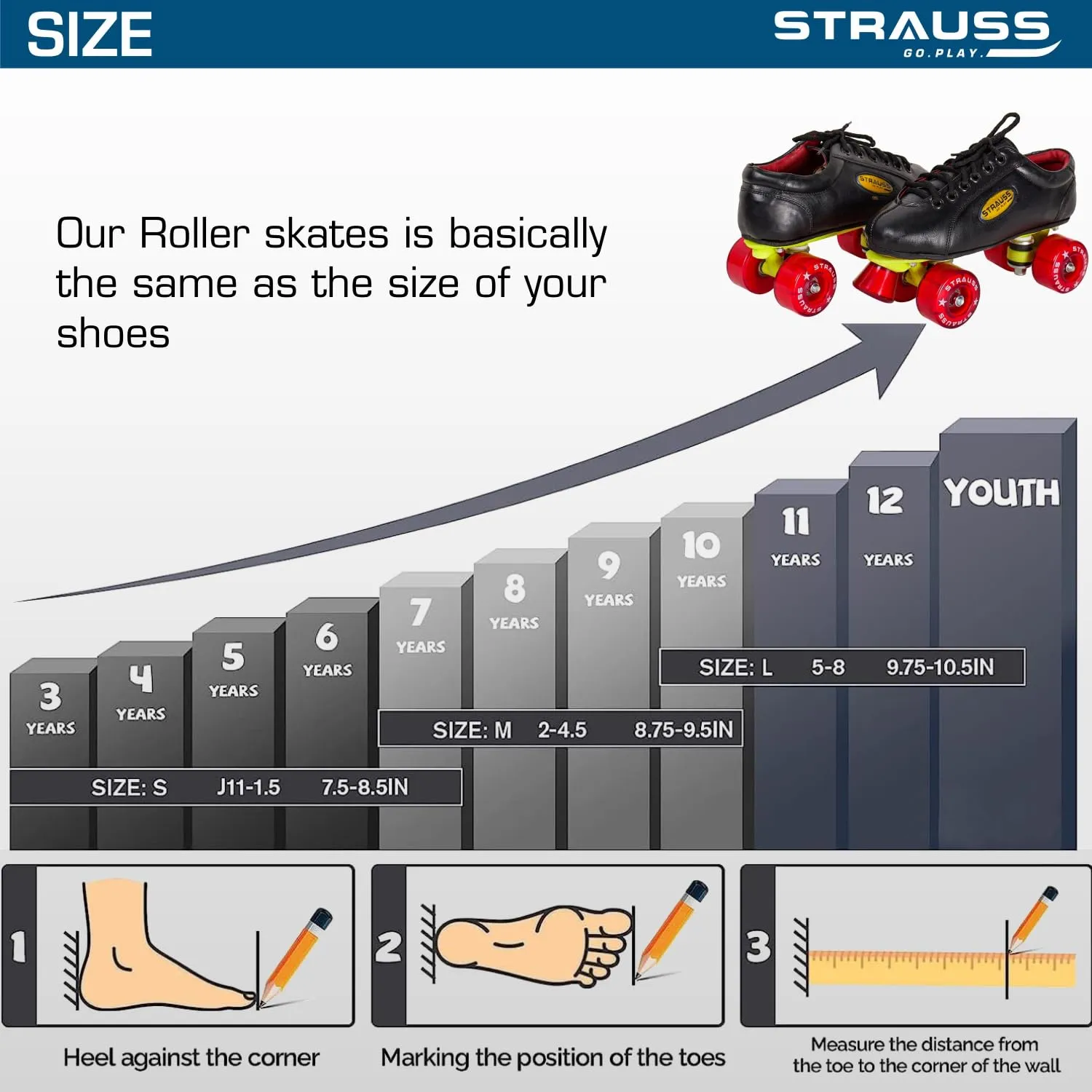 STRAUSS Gripper Skating Shoes | Fixed Body Roller Skates | Shoe Skate With PVC Wheel |Ideal For Boys, Girls and Kids |Suitable For All Skill Level | Ideal For Seniors (15 Years Above) ,Size-9, (Red/Black)