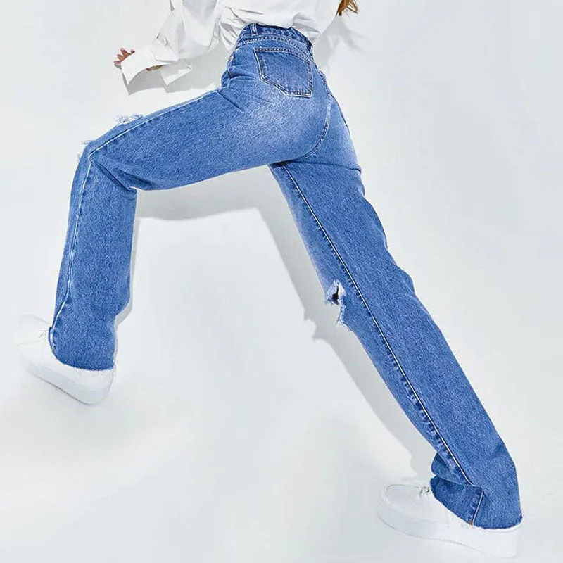 Street Style Cut Out High Waist Frayed Straight Leg Jeans- Blue