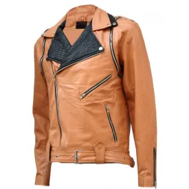 Tan & Black Draped Leather Jacket for Men