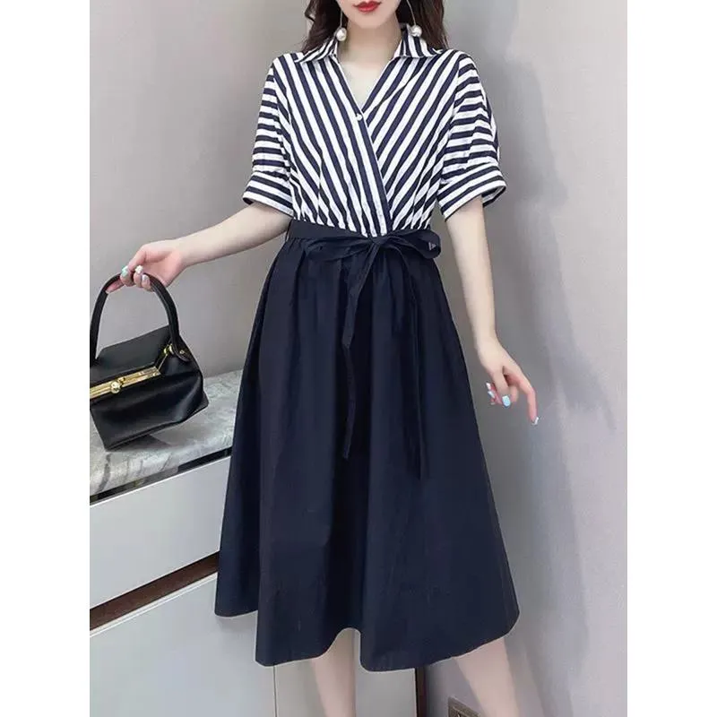 V-Neck French Style Stripe Patchwork Light Elastic Dress