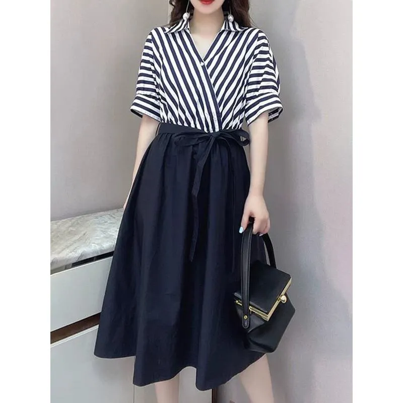 V-Neck French Style Stripe Patchwork Light Elastic Dress