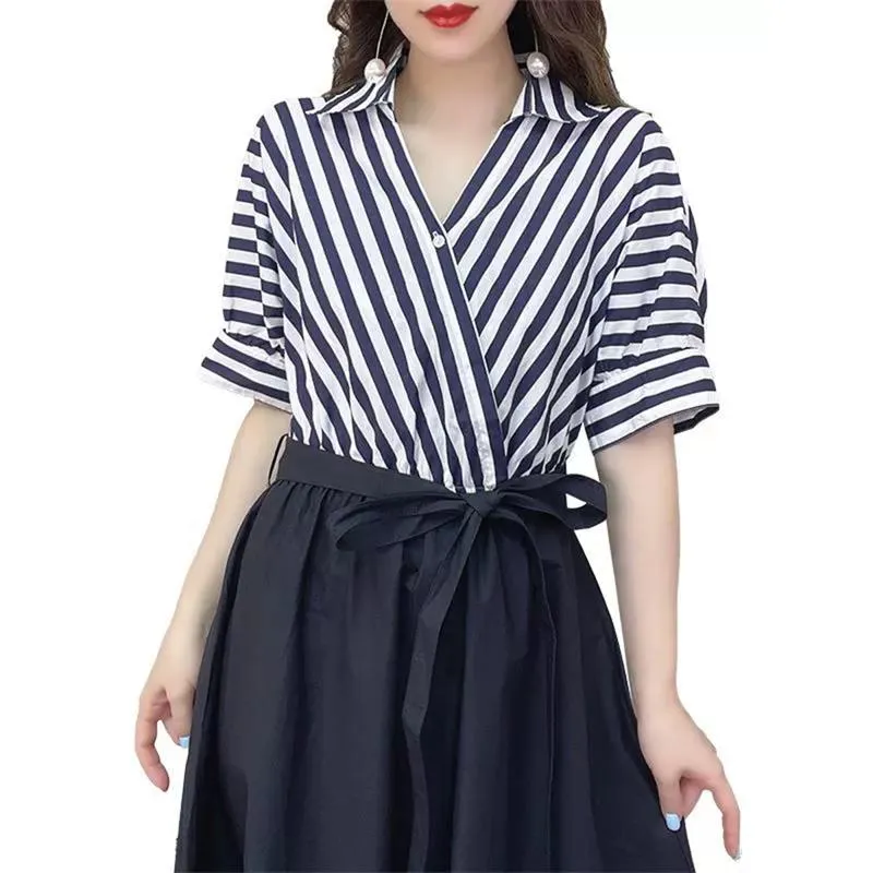 V-Neck French Style Stripe Patchwork Light Elastic Dress