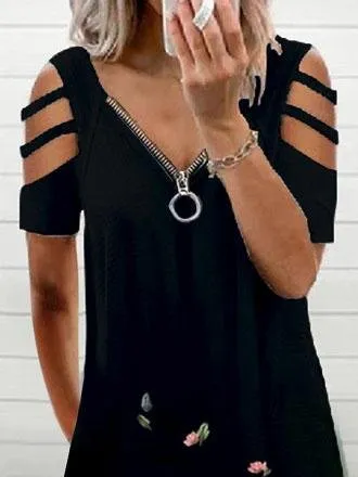 V-neck Short Sleeve Casual Zipper Loose Dress