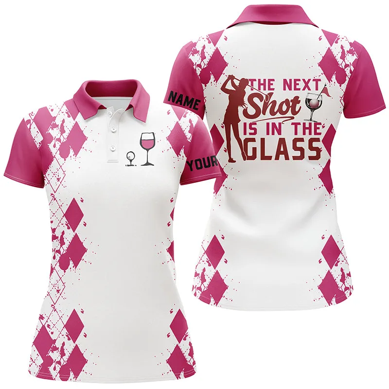 White Pink Argyle Pattern Women Golf Shirt Golf & Wine Custom Name Women Golf Polo Shirt