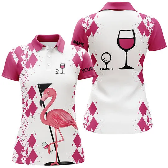 White Pink Argyle Pattern Women Golf Shirt Golf & Wine Custom Name Women Golf Polo Shirt