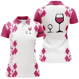 White Pink Argyle Pattern Women Golf Shirt Golf & Wine Custom Name Women Golf Polo Shirt