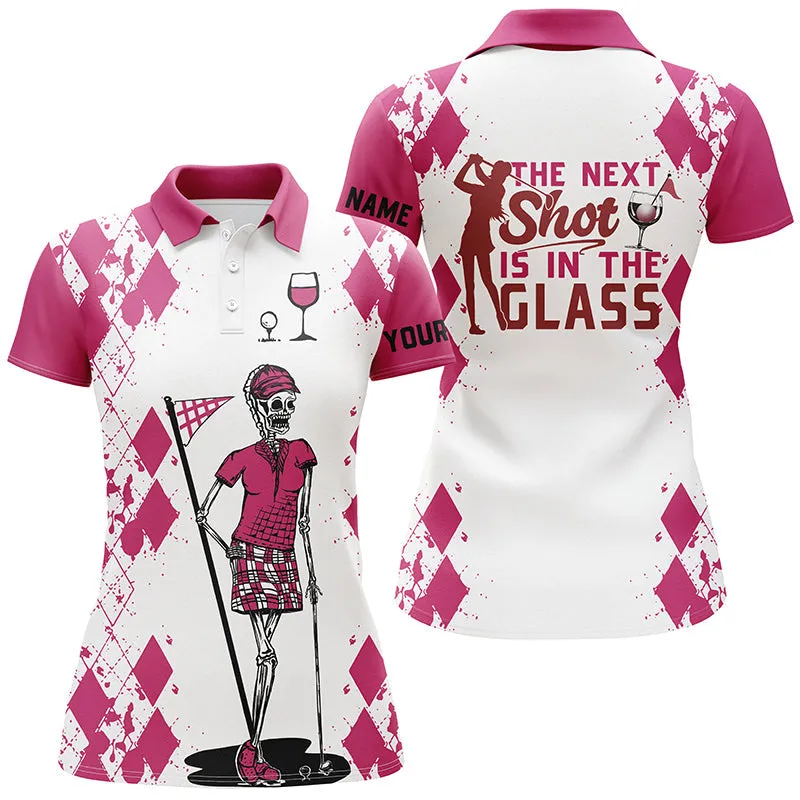 White Pink Argyle Pattern Women Golf Shirt Golf & Wine Custom Name Women Golf Polo Shirt