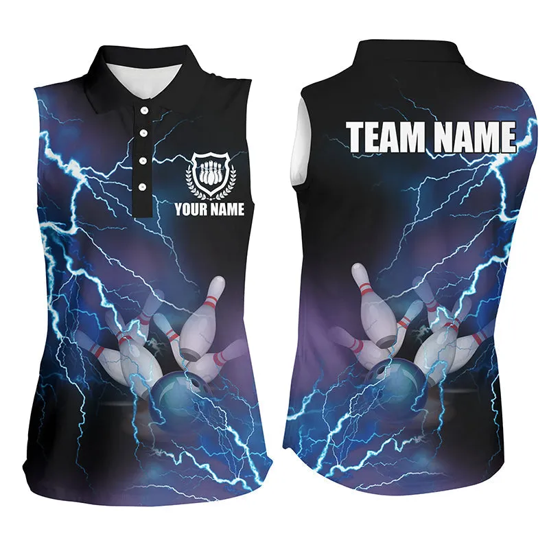 Women bowling sleeveless polo shirts, Custom blue lightning thunder Bowling Team Jersey