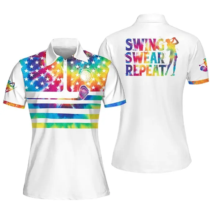 Women Golf Polo Shirt, Tie-Dye American Flag Swing Swear Repeat Sleeveless Polo Shirt, Women Golf Shirt