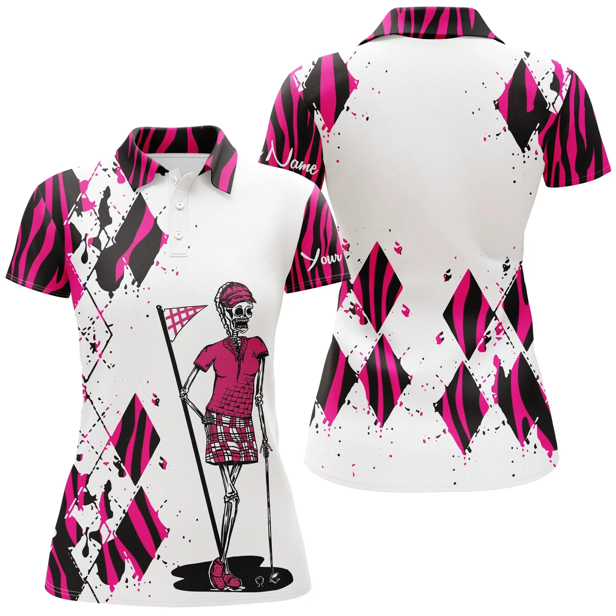 Women Golf Polo Shirts Custom Funny Ladies Golf Skull Pink Zebra Pattern Golf Shirt