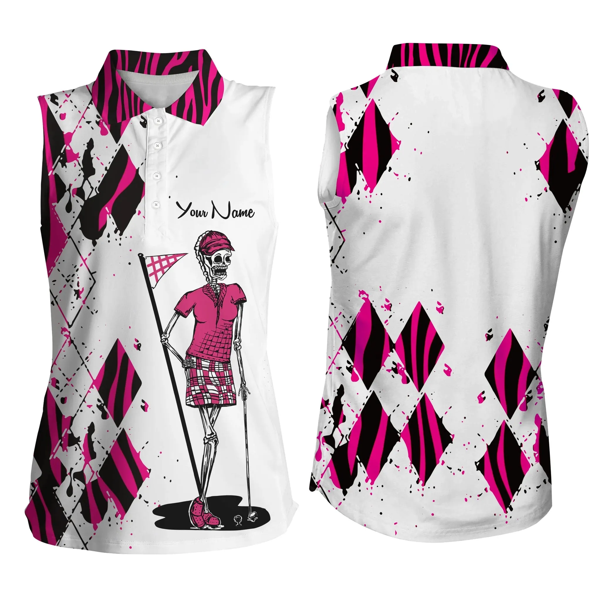 Women Golf Polo Shirts Custom Funny Ladies Golf Skull Pink Zebra Pattern Golf Shirt